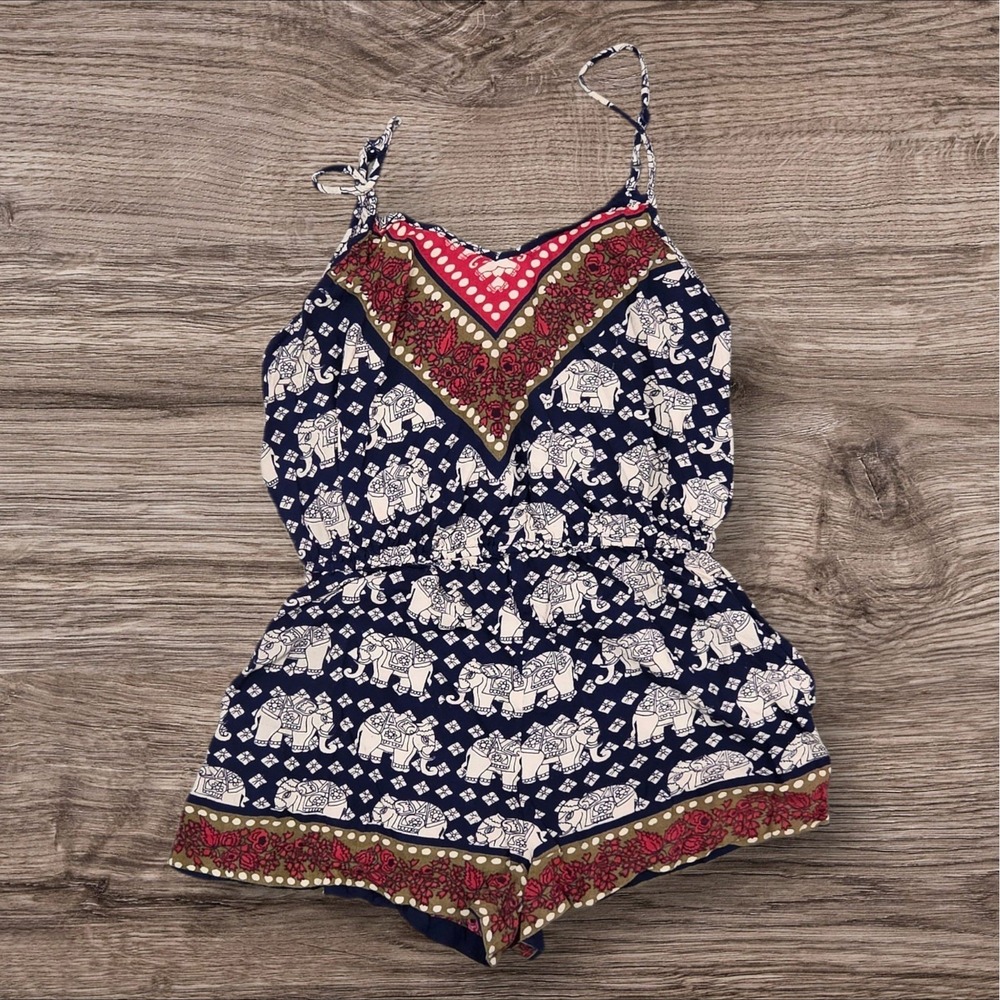 Angie Womens Blue Elephant Print Boho Romper Sleeveless Elastic Waist Medium
